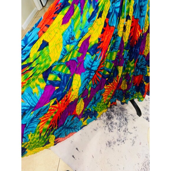 TARA Colorful Pleated Boho Maxi Skirt 100% Cotton Tropical Print Crinkle Texture - Picture 7 of 8